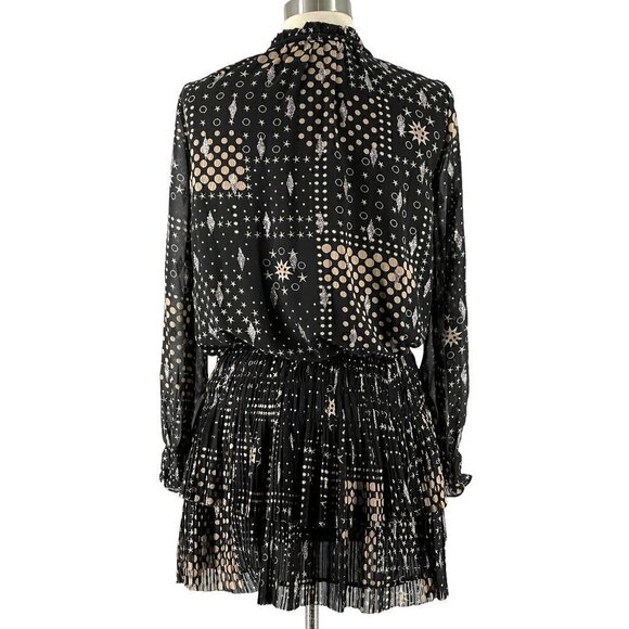 Current Air Black Gold Star Dot Print Long Sleeve Tiered Skirt Boho Mini Dress S - Picture 3 of 14
